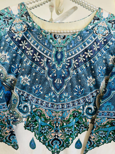 Azure Grace – 2 Piece Velvet Outfit with Handmade Pearl Detailing