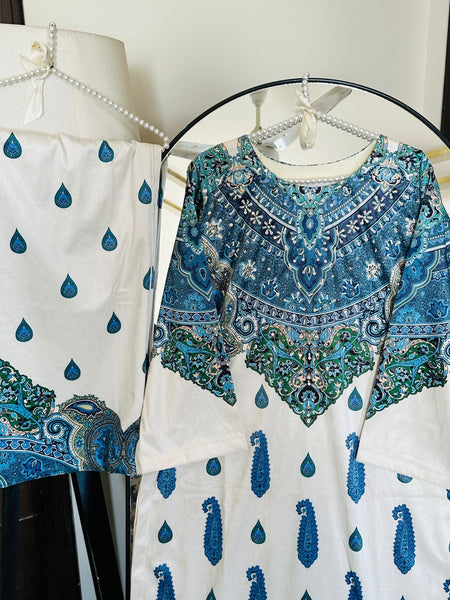 Azure Grace – 2 Piece Velvet Outfit with Handmade Pearl Detailing