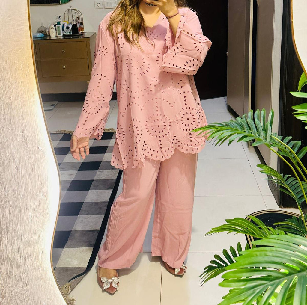 ✨ Elegant Side Close 2-Piece Co-Ord Set with Cutwork Detailing ✨