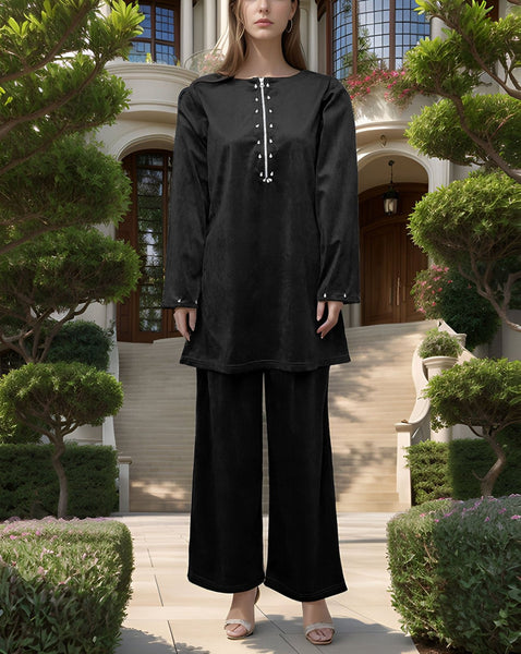 Velvet Cord Set with Diamond Zip Detailing – Black & Bottle Green