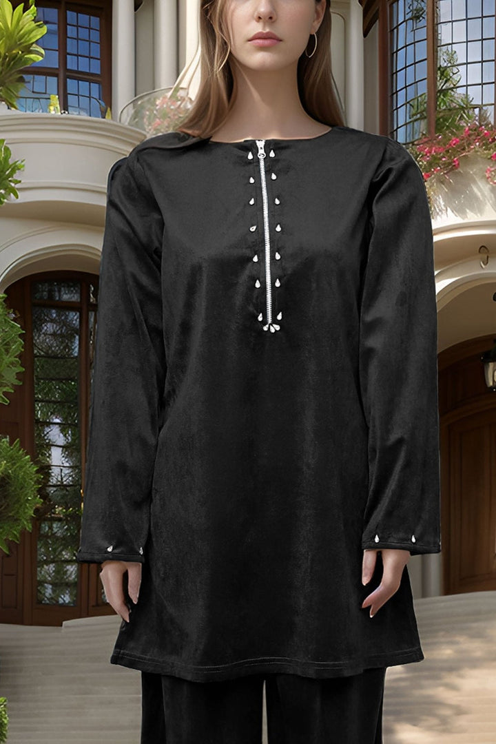 Velvet Cord Set with Diamond Zip Detailing – Black & Bottle Green