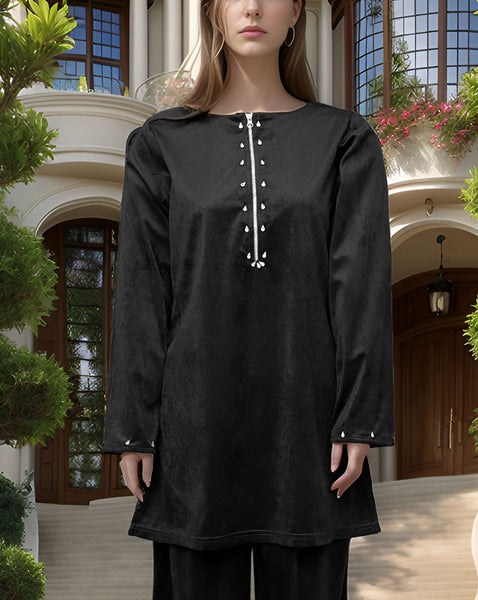 Velvet Cord Set with Diamond Zip Detailing – Black & Bottle Green