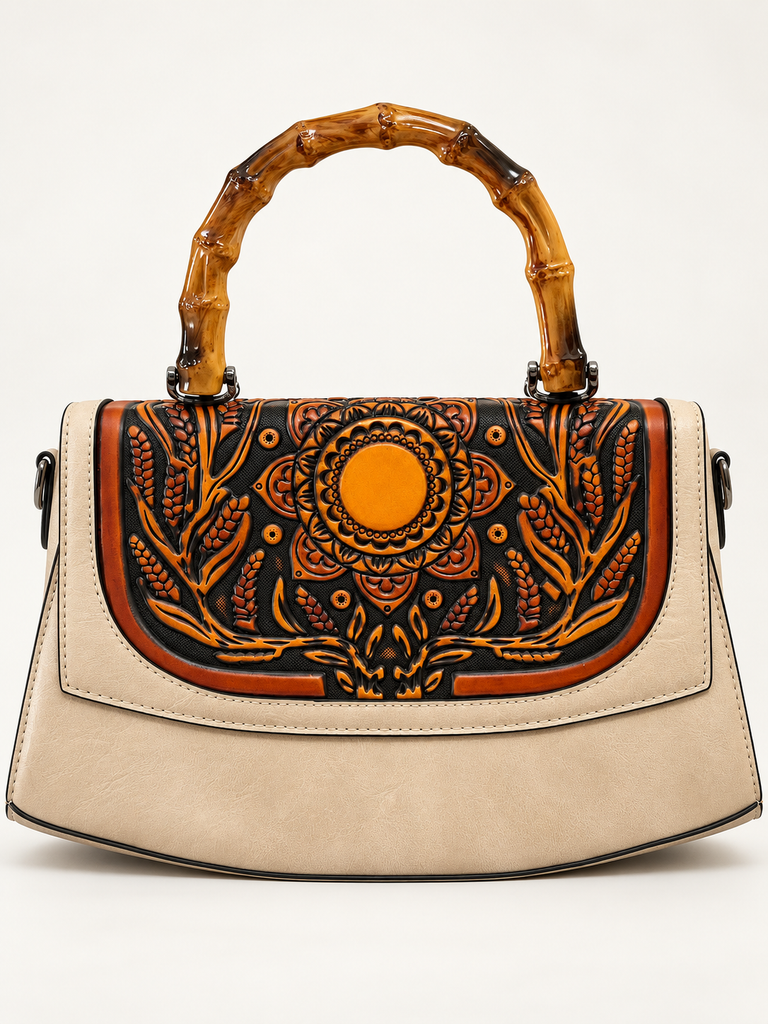 Beige Embossed Floral Handbag with Bamboo-Look Handle