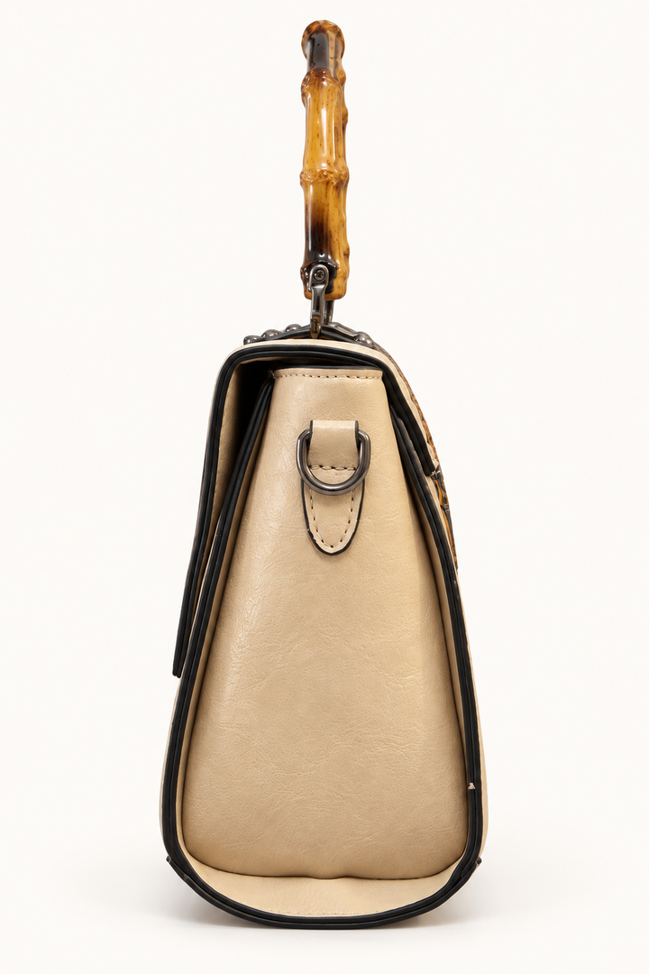 Beige Embossed Floral Handbag with Bamboo-Look Handle