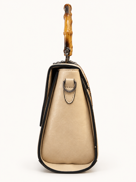 Beige Embossed Floral Handbag with Bamboo-Look Handle