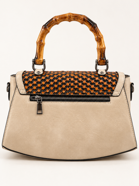 Beige Embossed Floral Handbag with Bamboo-Look Handle