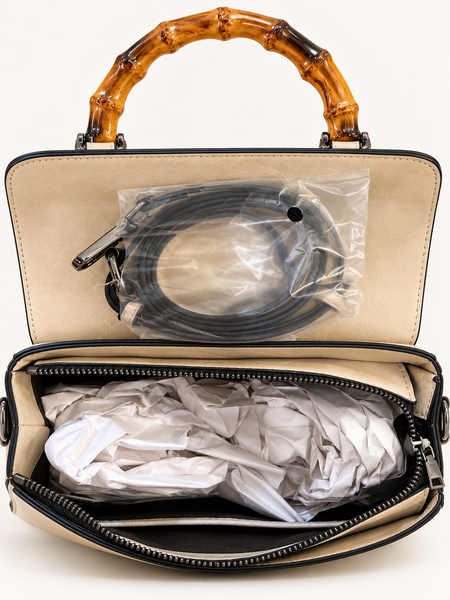 Beige Embossed Floral Handbag with Bamboo-Look Handle