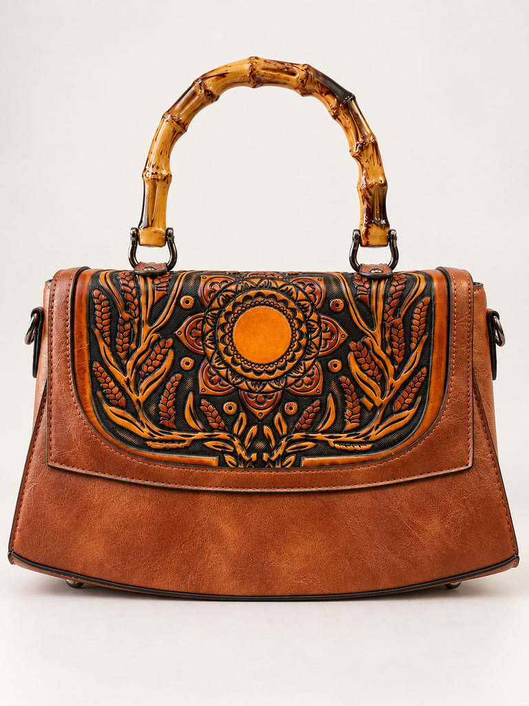 Cognac Brown Embossed Floral Handbag with Bamboo-Look Handle