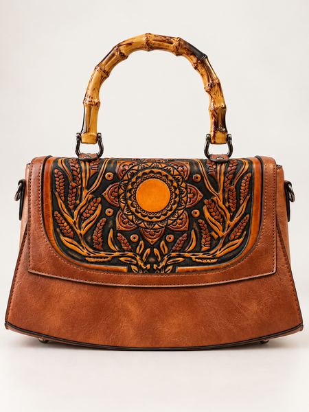 Cognac Brown Embossed Floral Handbag with Bamboo-Look Handle
