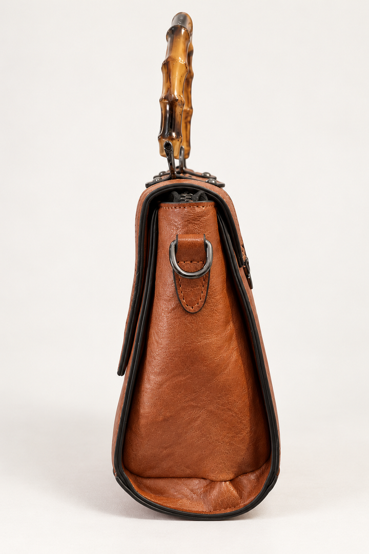 Cognac Brown Embossed Floral Handbag with Bamboo-Look Handle