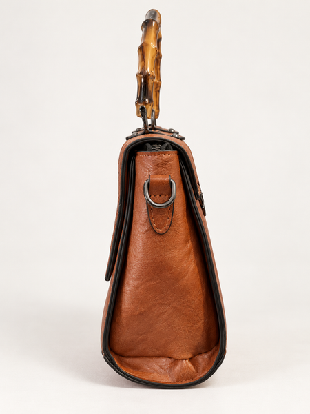 Cognac Brown Embossed Floral Handbag with Bamboo-Look Handle