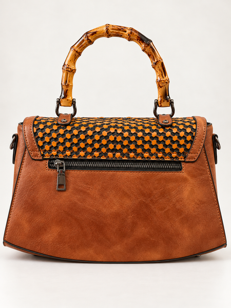 Cognac Brown Embossed Floral Handbag with Bamboo-Look Handle