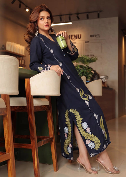 Midnight Navy Blue – Premium Marina Embroidered Long Shirt