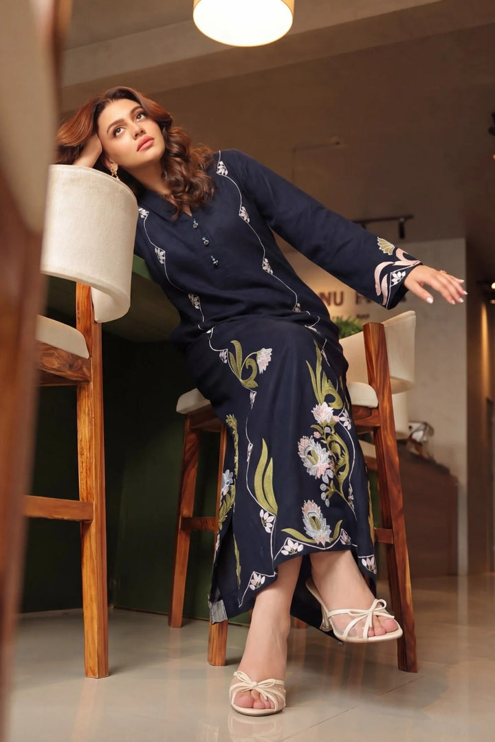 Midnight Navy Blue – Premium Marina Embroidered Long Shirt