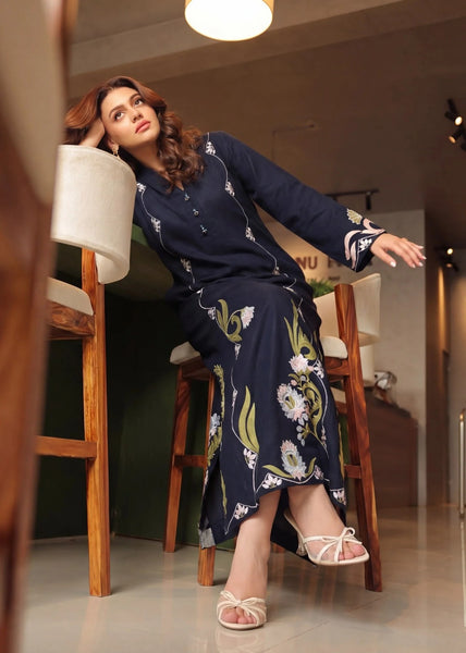 Midnight Navy Blue – Premium Marina Embroidered Long Shirt