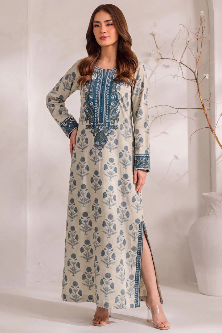 Elegant Ivory & Teal Floral Embroidered 2-Piece Khaddar Suit