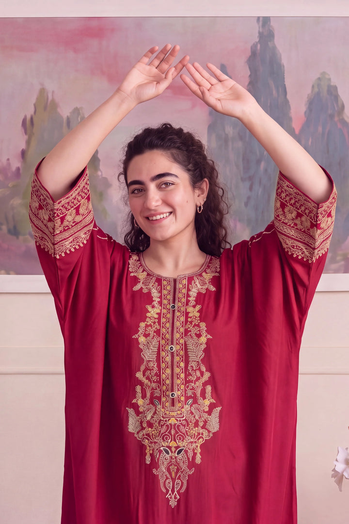 Royal Maroon Luxury Embroidered Linen Kaftan – 1 Piece Winter Collection