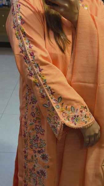 Peach Embroidered 3 Piece Suit – Floral Thread Work with Straight Trouser