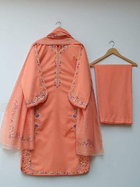 Peach Embroidered 3 Piece Suit – Floral Thread Work with Straight Trouser