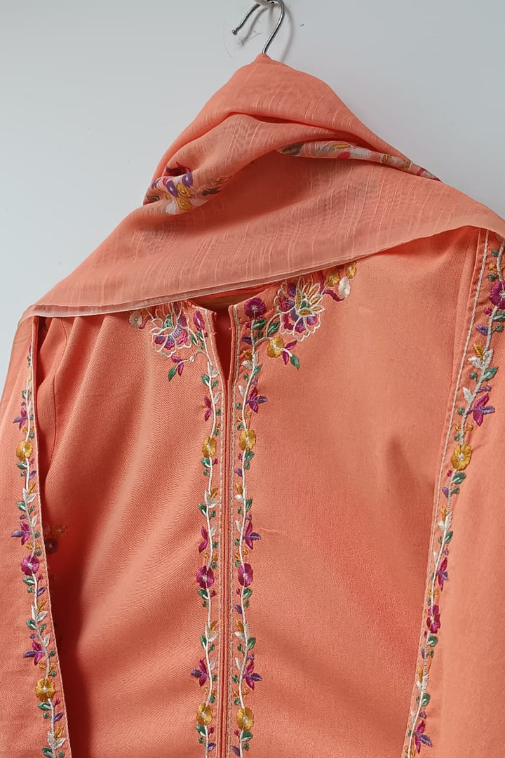 Peach Embroidered 3 Piece Suit – Floral Thread Work with Straight Trouser