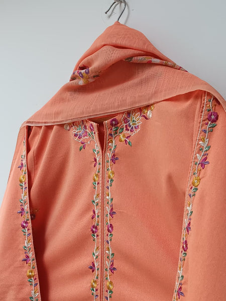 Peach Embroidered 3 Piece Suit – Floral Thread Work with Straight Trouser