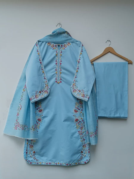 Aqua Embroidered 3 Piece Suit – Floral Thread Work with Straight Trouser