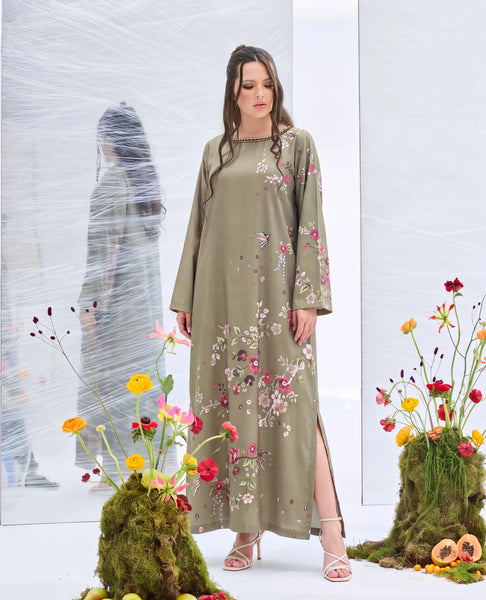 ZAKIA – Olive Green Floral Embellished Corduroy Long Kaftan