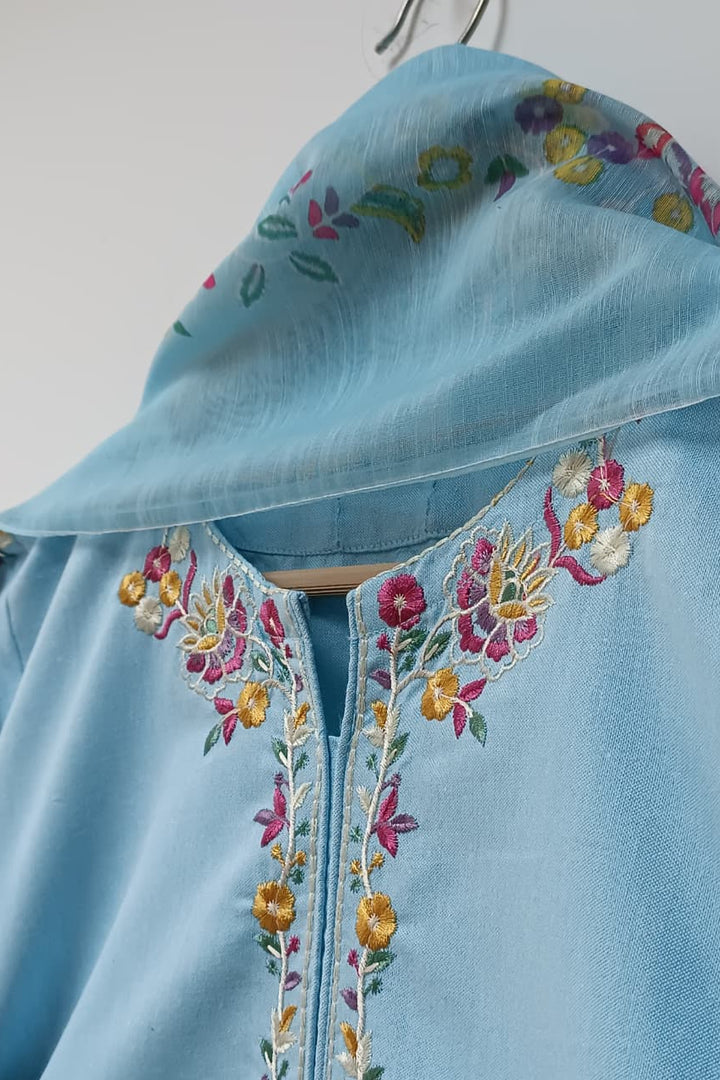 Aqua Embroidered 3 Piece Suit – Floral Thread Work with Straight Trouser