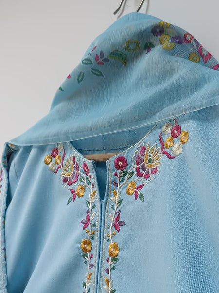 Aqua Embroidered 3 Piece Suit – Floral Thread Work with Straight Trouser