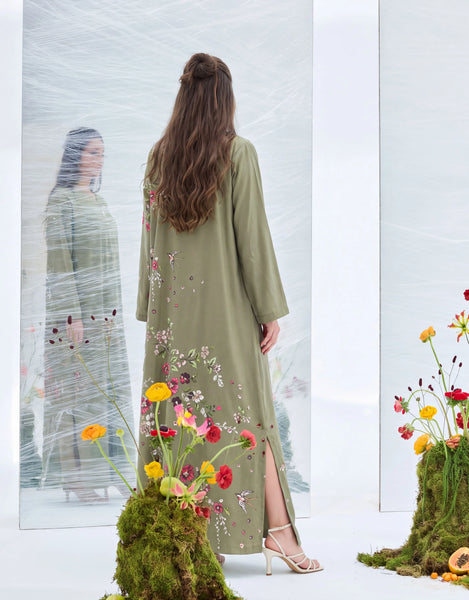 ZAKIA – Olive Green Floral Embellished Corduroy Long Kaftan
