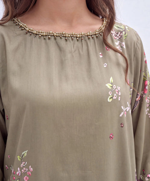 ZAKIA – Olive Green Floral Embellished Corduroy Long Kaftan