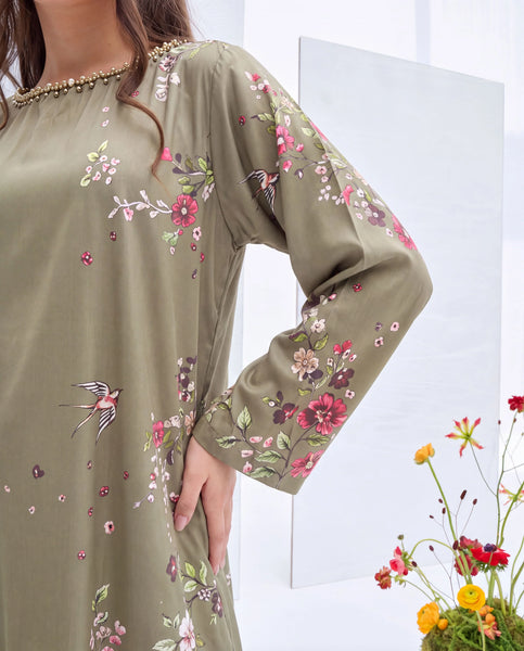 ZAKIA – Olive Green Floral Embellished Corduroy Long Kaftan