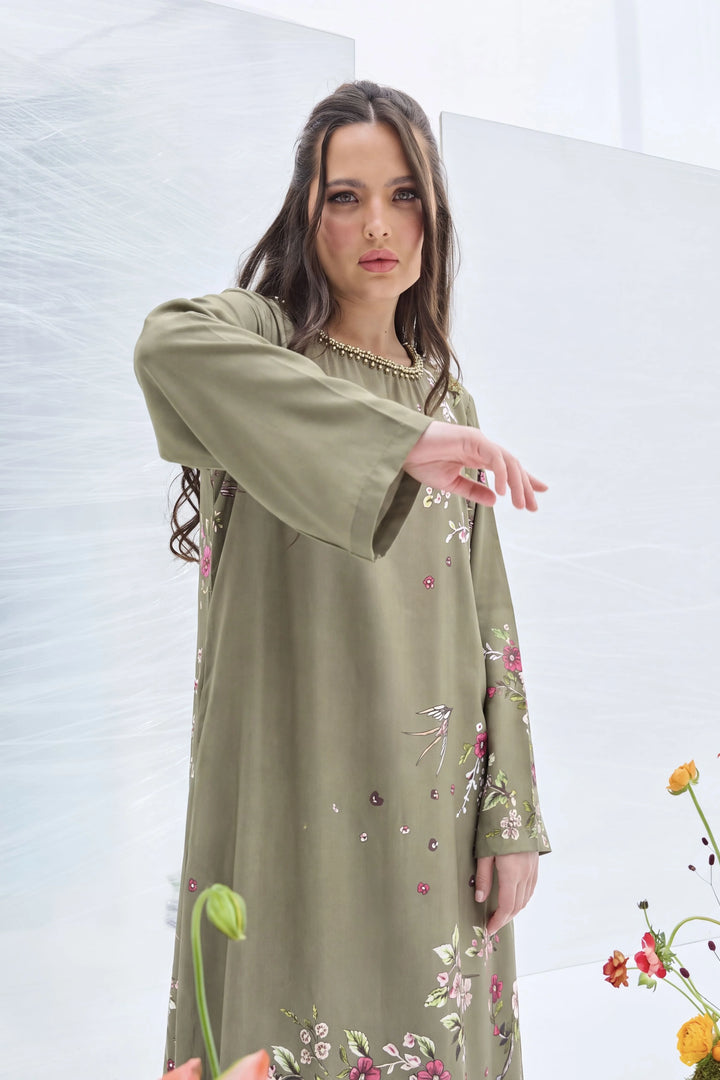 ZAKIA – Olive Green Floral Embellished Corduroy Long Kaftan