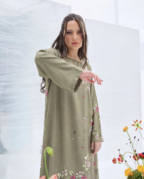 ZAKIA – Olive Green Floral Embellished Corduroy Long Kaftan