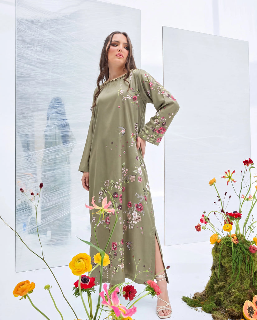 ZAKIA – Olive Green Floral Embellished Corduroy Long Kaftan