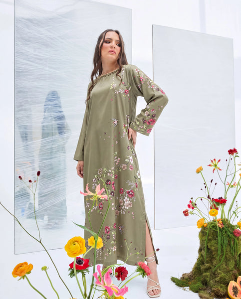 ZAKIA – Olive Green Floral Embellished Corduroy Long Kaftan