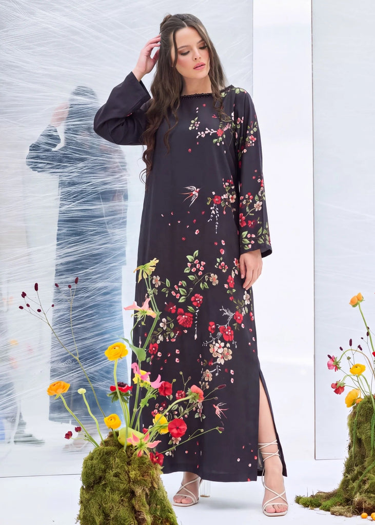 ZAKIA – Black Floral Embellished Corduroy Long Kaftan