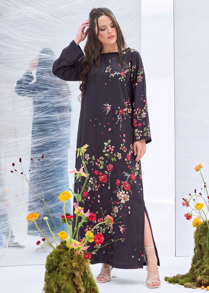 ZAKIA – Black Floral Embellished Corduroy Long Kaftan