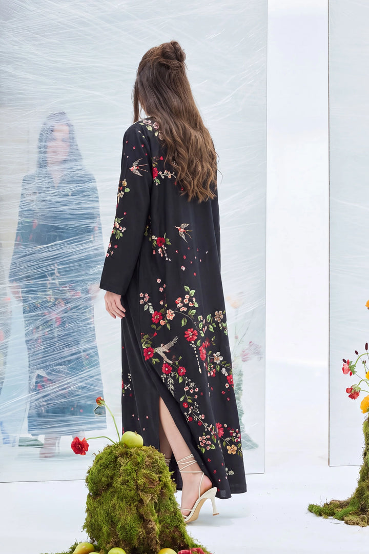 ZAKIA – Black Floral Embellished Corduroy Long Kaftan