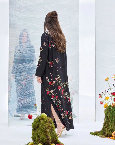 ZAKIA – Black Floral Embellished Corduroy Long Kaftan