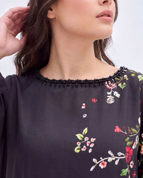 ZAKIA – Black Floral Embellished Corduroy Long Kaftan