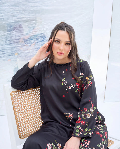 ZAKIA – Black Floral Embellished Corduroy Long Kaftan