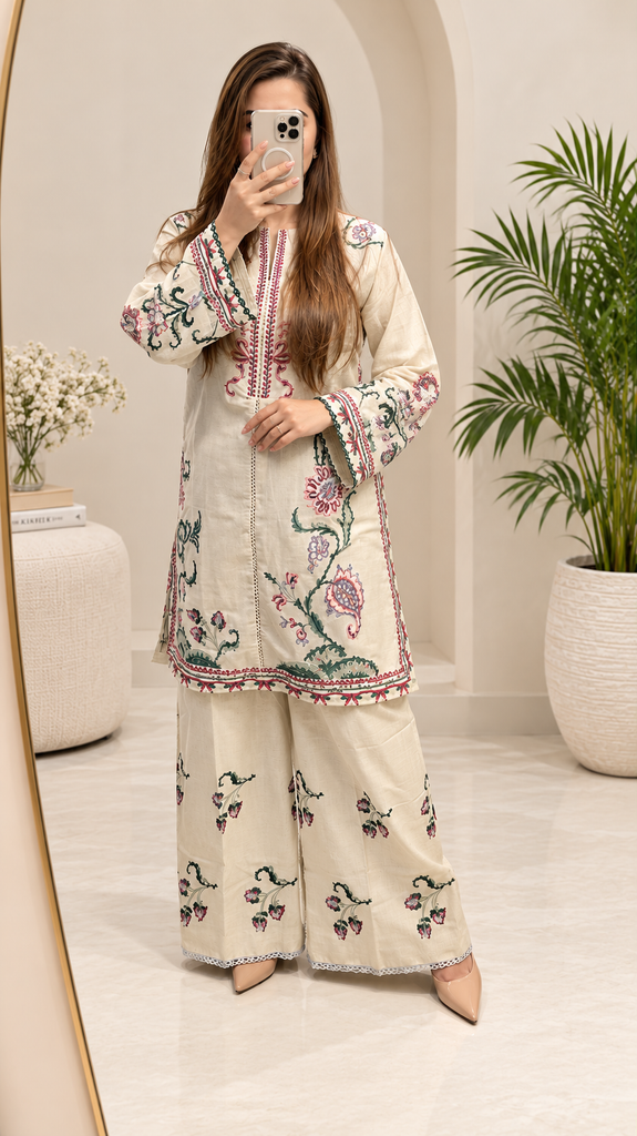 Ivory Bloom Embroidered Khaddar 2-Piece Suit