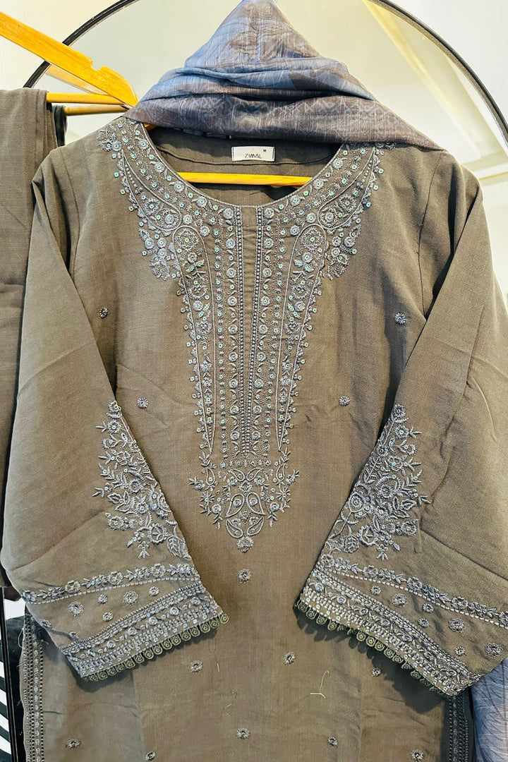 Winter Embroidered 3-Piece Suit – Premium soft karandi  with Dupatta