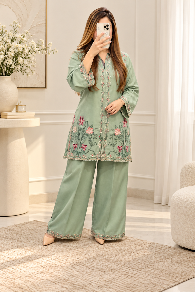 Sage Green Floral Embroidered 2-Piece Dhanak Suit