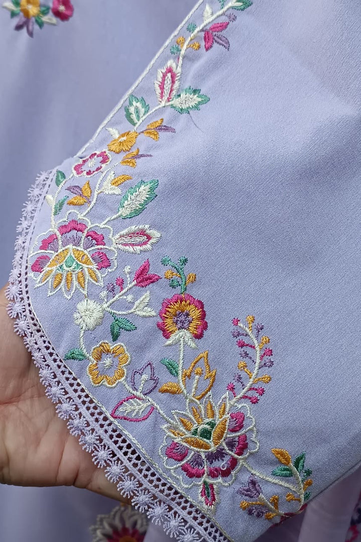 Llilac Embroidered 3 Piece Suit – Floral Thread Work with Straight Trouser
