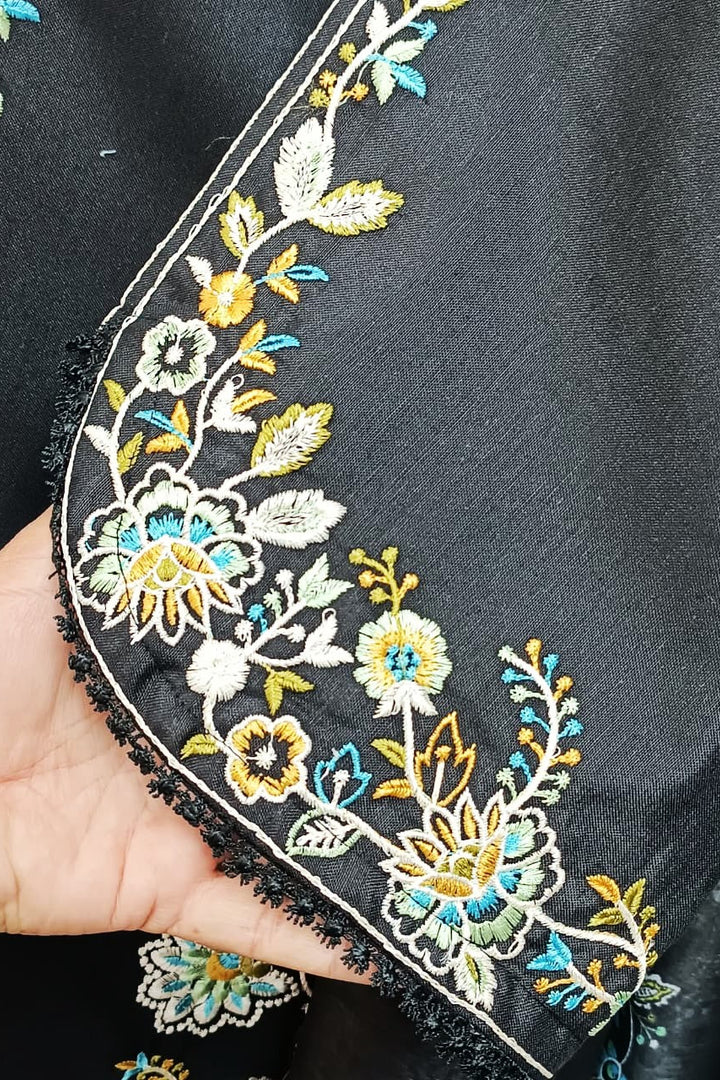 Black Embroidered 3 Piece Suit – Floral Thread Work with Straight Trouser