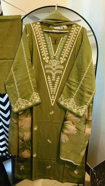 Olive Essence – Premium Soft Karandi Embroidered Suit