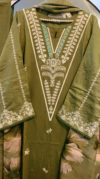 Olive Essence – Premium Soft Karandi Embroidered Suit