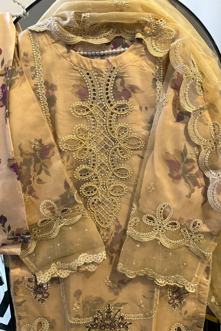 Embroidered Organza 3-Piece Set – Soft Sandstone Glow